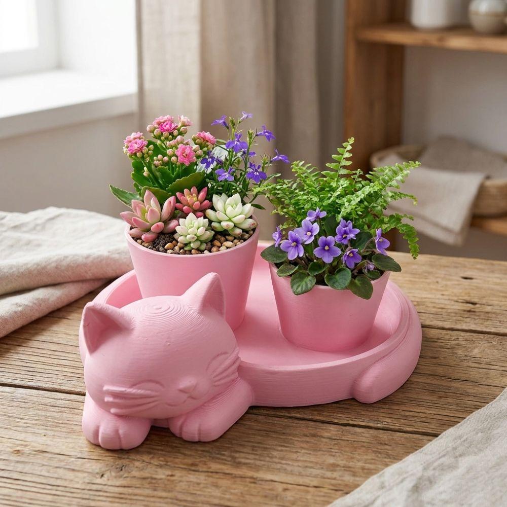 3D Printed Cat-Shaped Flower Pot Lazy Cat Cute Animal Kitten Desktop Planter Plastic Novelty Succulent Vase Indoor/Outdoor Use