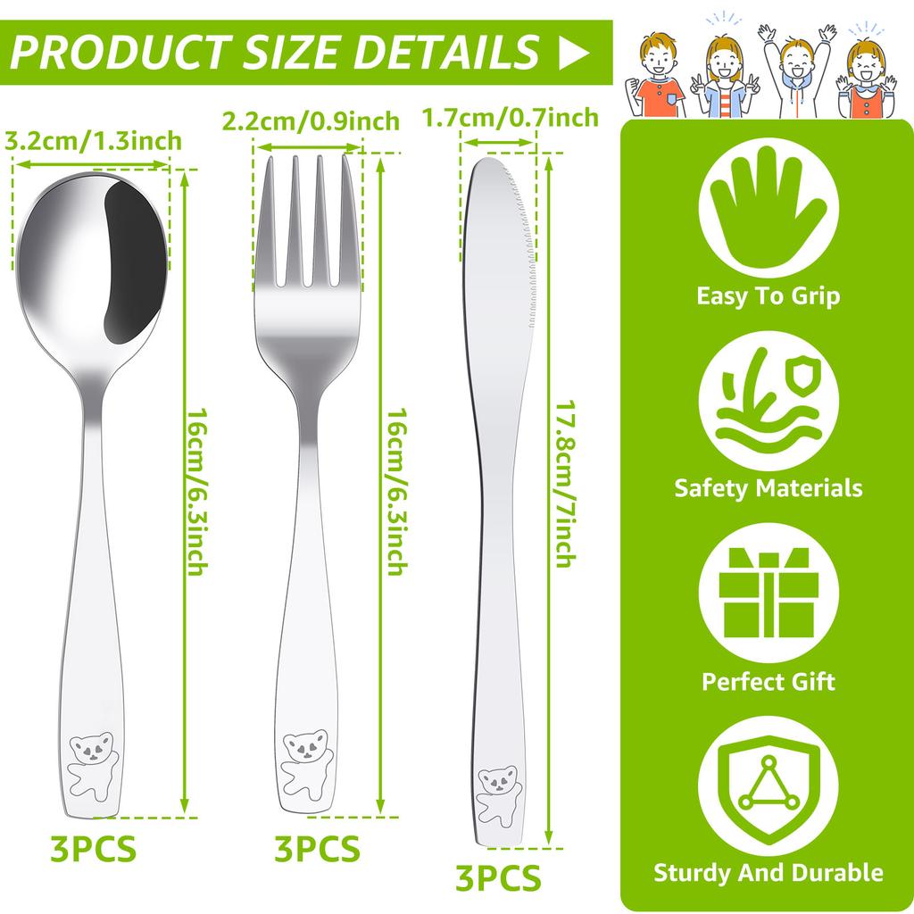 9/15Pcs Kids Silverware Set 410 Stainless Steel Kids Fork Spoon and Cutter Set Funny Dinosaur Flatware Set for Children Toddler