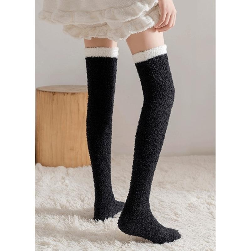 Women's Cute Coral Fleece Thigh High Socks Fuzzy Over The Knee Socks Striped Long Leg Warmers Winter Warm Slipper Socks