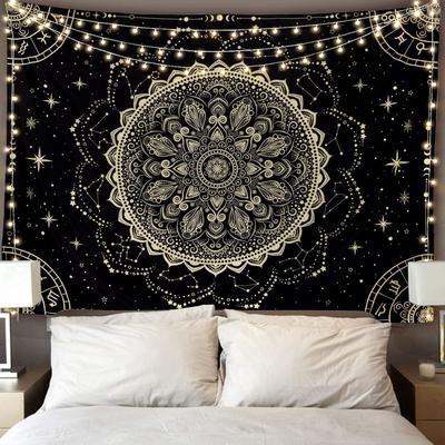 Bohemian Czarna Mandala Gobelin Psychedeliczne Wiszące na Ścianę do Sypialni Salonu Akademika Indyjski Wystrój Boho Estetyka Sztuka Ścienna