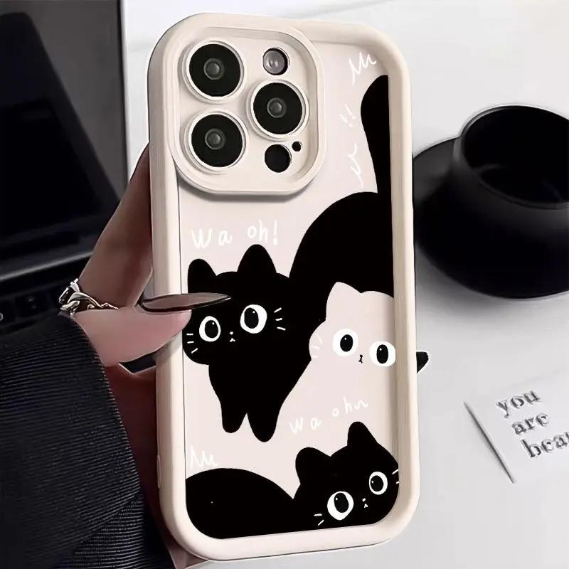 Cartoon Little Black Cat Cute Couple Phone Case For iPhone 16 15 14 13 PRO MAX 11 12 X XS XR 7 8 Plus Mini Y2k Shockproof Cover