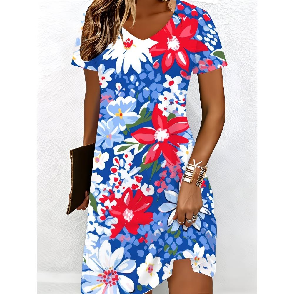 Women's V-neck Short Sleeved Casual Printed Dress 3D Colorful Printed Mini Beach Party Dress