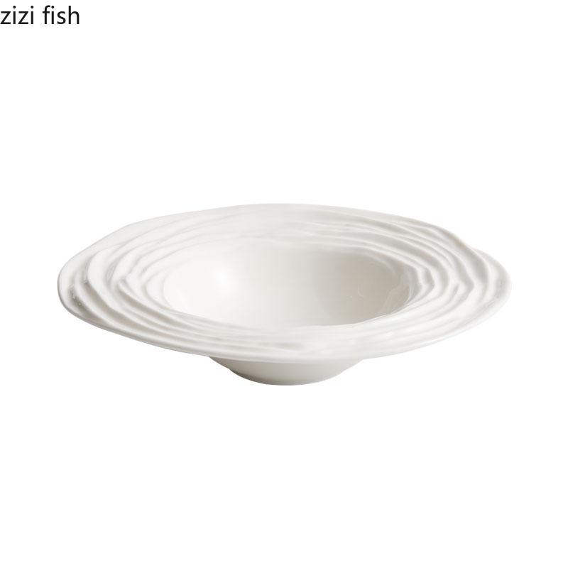Pure White Ceramic Water Wave Pattern Deep Plate Salad Plate Dessert Plate Pasta Plates Molecular Cuisine Specialty Tableware