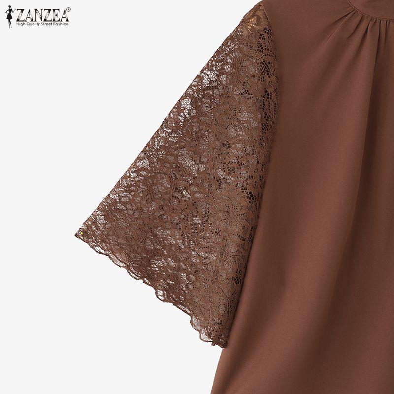 ZANZEA Bluză de damă cu gât rotund, dantelă aplicată și mâneci trei sferturi