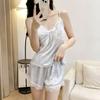 Ice and snow silk new women's summer thin pajamas set suspender shorts sexy lace loungewear with chest pad