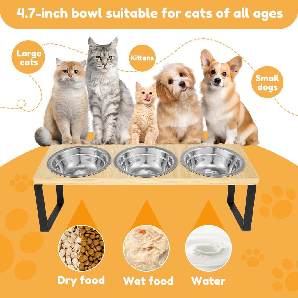 Elevated Cat Bowls Wood Cat Bowl Stand 15° Inclined Elevated Cat Food Feeder Stainless Steel Pet Bowl Feeding Container for Cat
