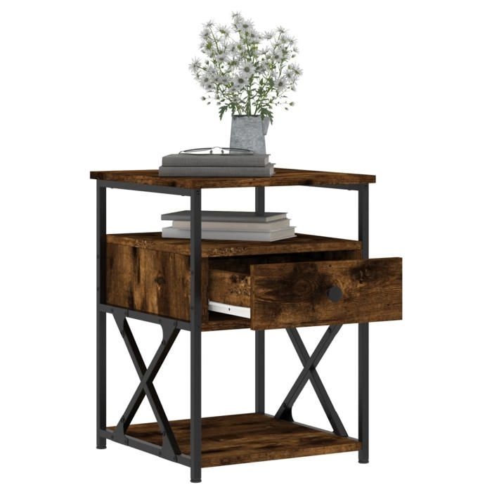 Table de chevet - Maison Exclusive - Chêne fumé - Bois d'ingénierie et cadre en fer - 40x42x55 cm