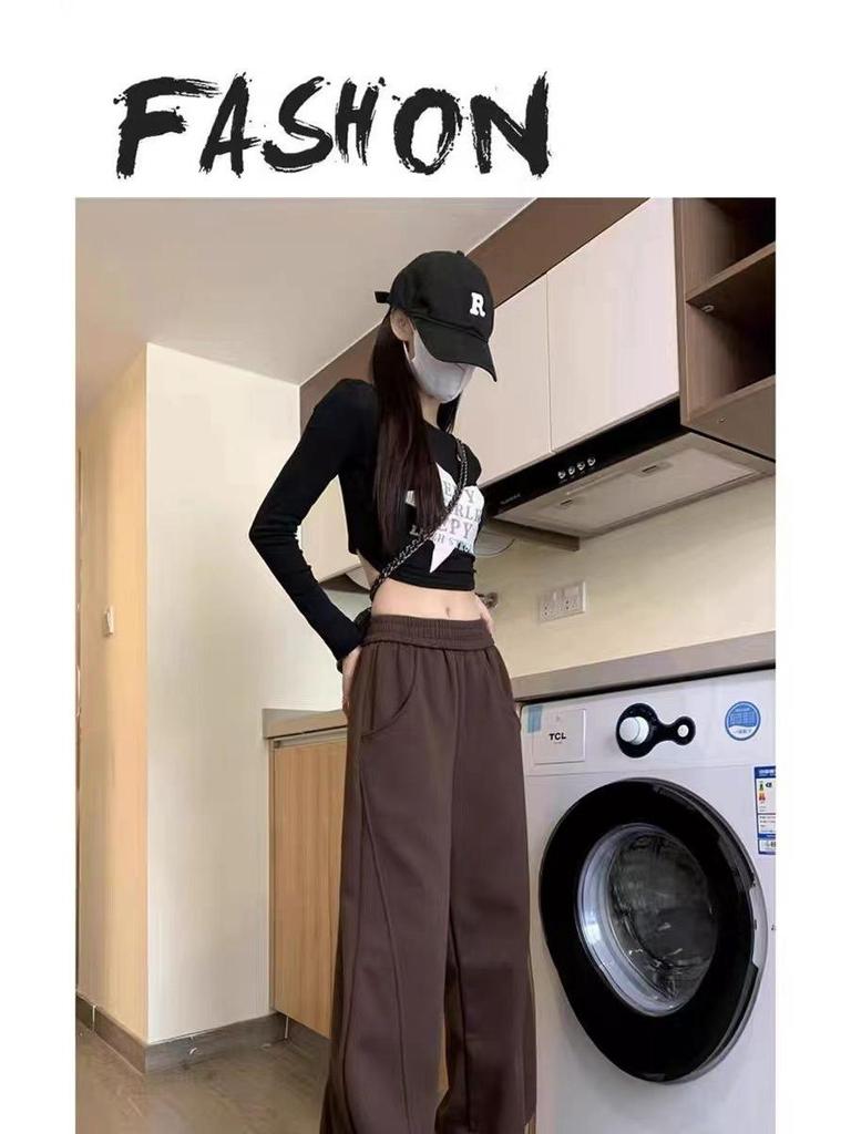 Women's High-Waist Coffee Straight-Leg Sweatpants - Trendy Spring & Autumn Casual Loose Fit