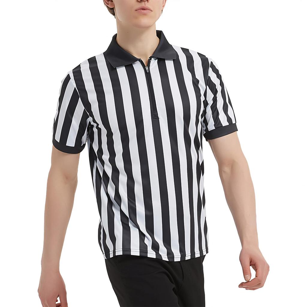 [Top Tie] Men's Referee Uniform, Short-Sleeve Shirt, Sweat-Wicking, Quick-Drying, Lightweight, with Zipper, for Soccer, Basketball, and Other Sports -
