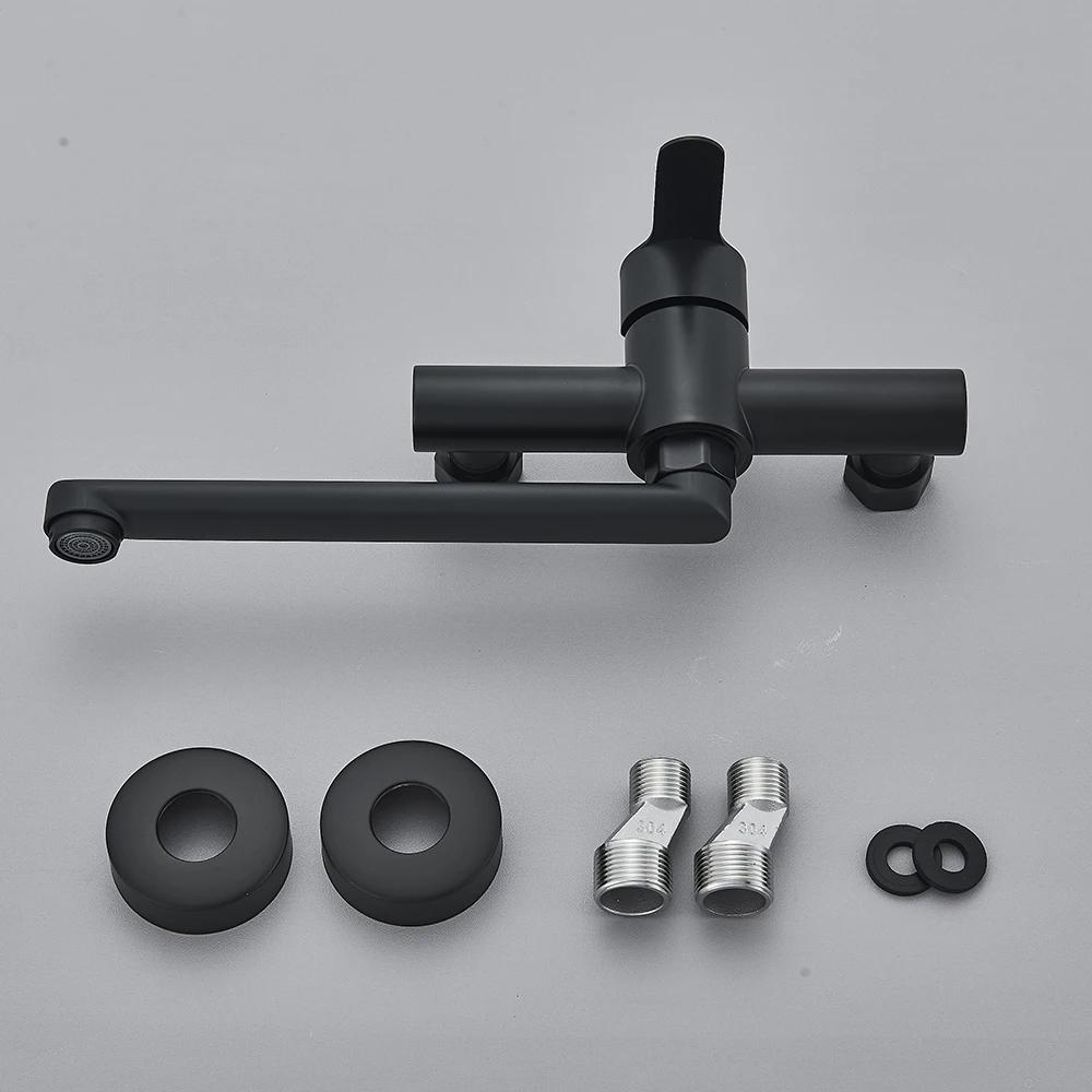 Brushed Nickle Kitchen Faucet Wall Mounted Bathroom Kitchen Mixer Tap Single Handle Hot Cold Faucet Dual Hole Rotating Spout