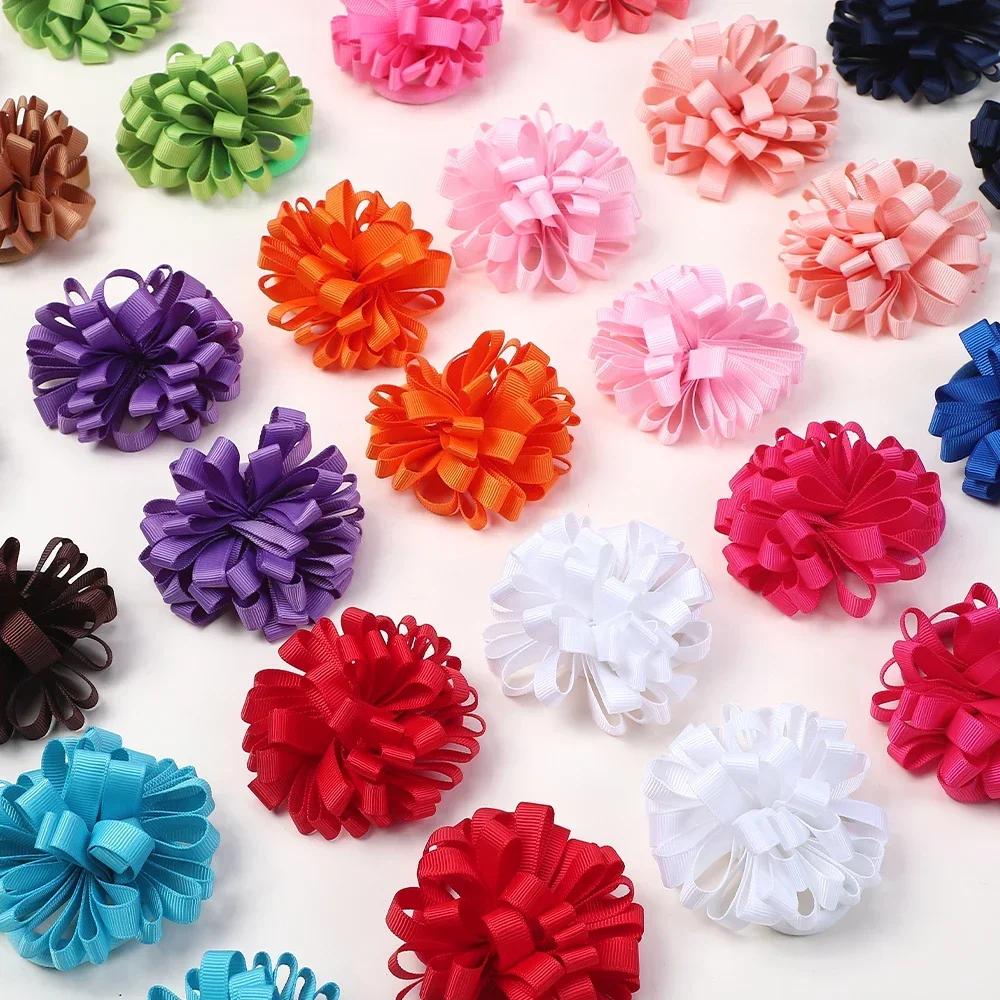2pcs/set 2.76'' Elastics Ribbon Flower Ball Hair Band for Girls Princess Big Grosgrain Hairrope Pretty Hair Tie Accessories Gift