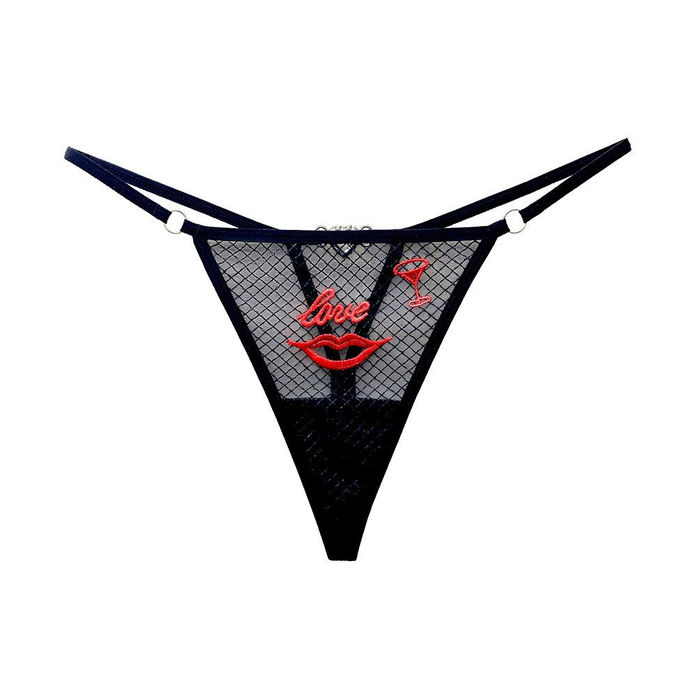 Sexy Plaid Perspective Thong Women's Hot Hollowed-out Embroidered Love Diamond Jewelry Beautiful Buttocks Low Waist Thin Belt Seduction Panties