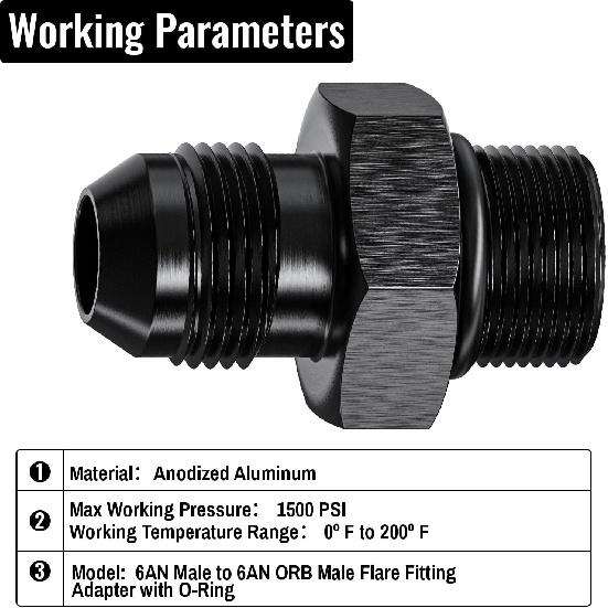 2Pcs 6AN Male to 6AN ORB Male Flare Fitting Adapter with O-Ring, Straight Black Hard Aluminum Hex Anodized Connector, Automotive Accessories Suitable