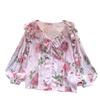 2024 Early Spring New Top Women Sweet Frill V-neck Design Sense Pleat Lantern Sleeve Printed Chiffon Shirts