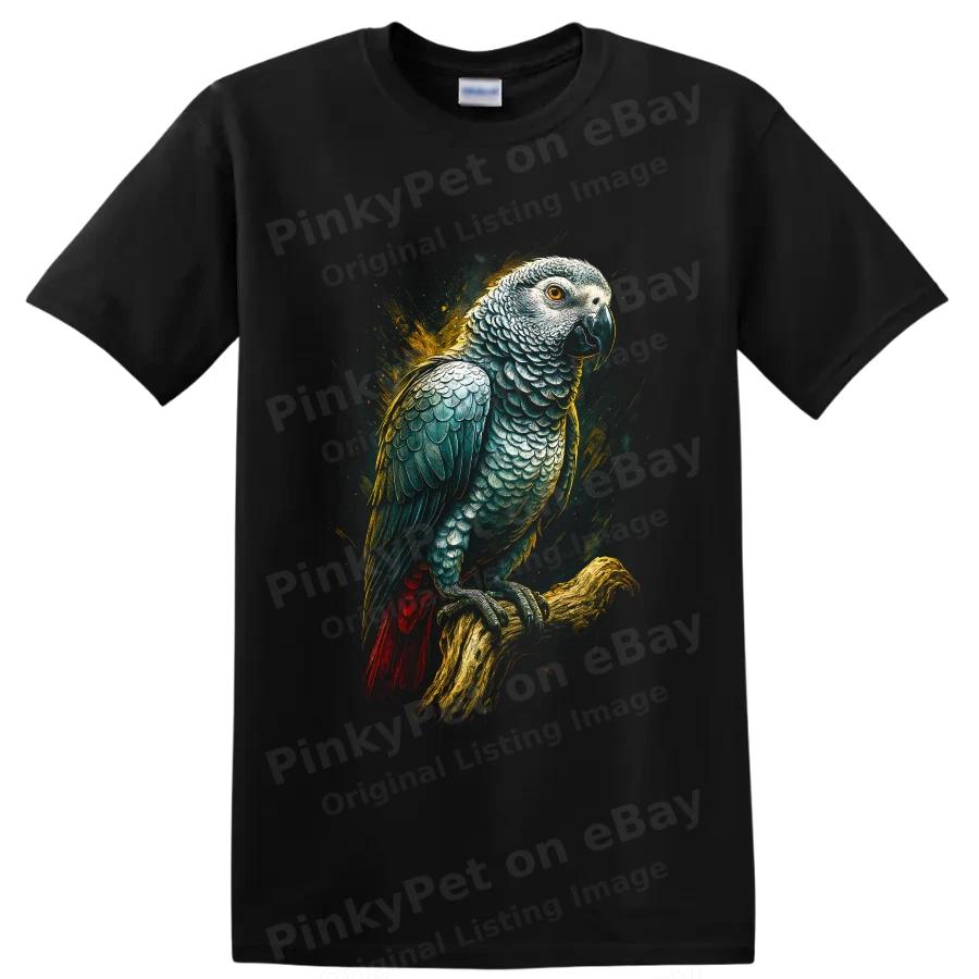 African Grey Parrot T Shirt Modern Realistic Bird Art Colorful Nature Tee Gift