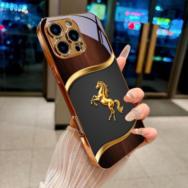 Stallion Emblem Electroplated Golden Phone Case For iPhone 17Air 17 16 15 14 13 12 11 Pro Max Plus 16E XR 7 8 Xs X Glass Cover