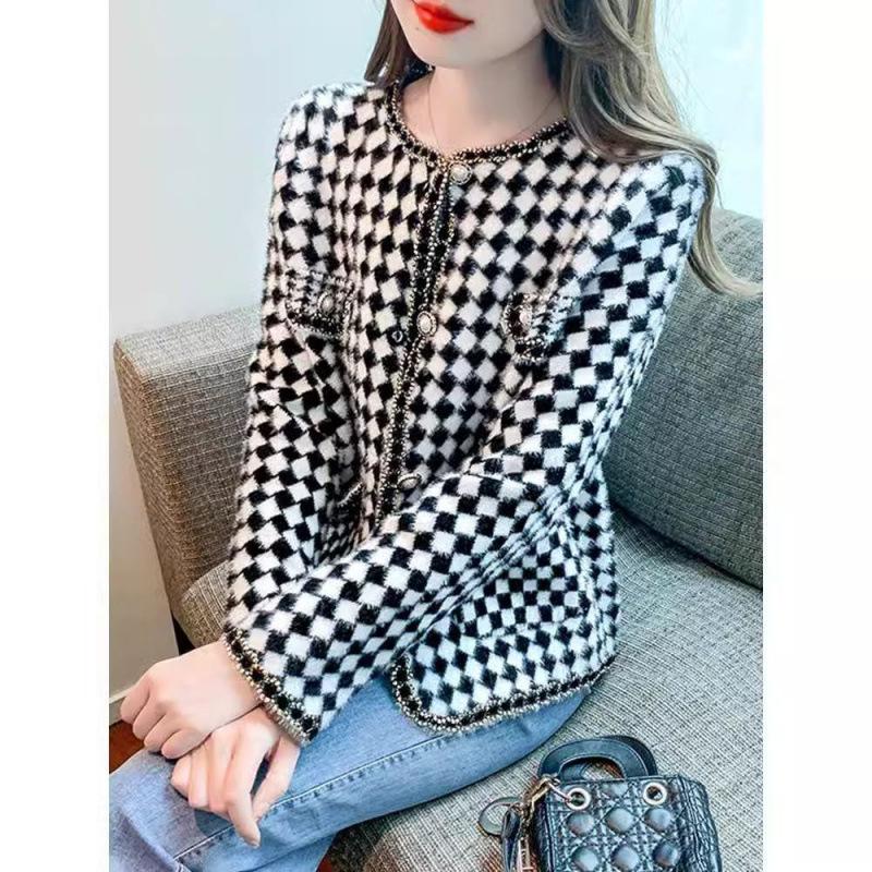 Xiaoxiangfeng Houndstooth Short Coat for Women Spring and Autumn New Style Small Style Long-sleeved Woolen Top