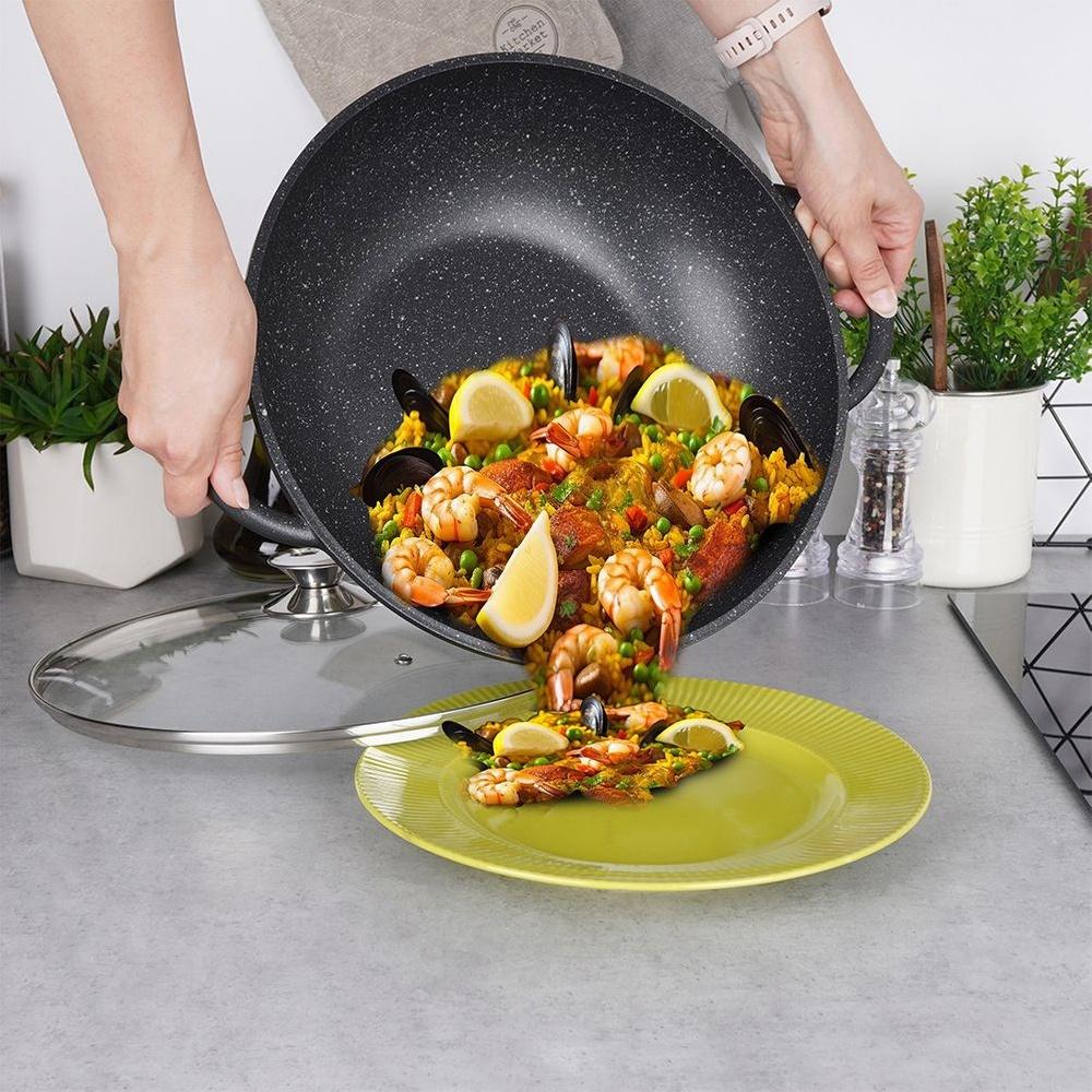 Padella wok in granito con coperchio in vetro GRANDE 32 cm