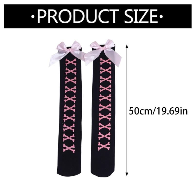 Women Skeleton Print Over Knee Long Socks Sweet Bowknot Thigh High Stockings for Halloween Cosplay Party Costume Hosiery