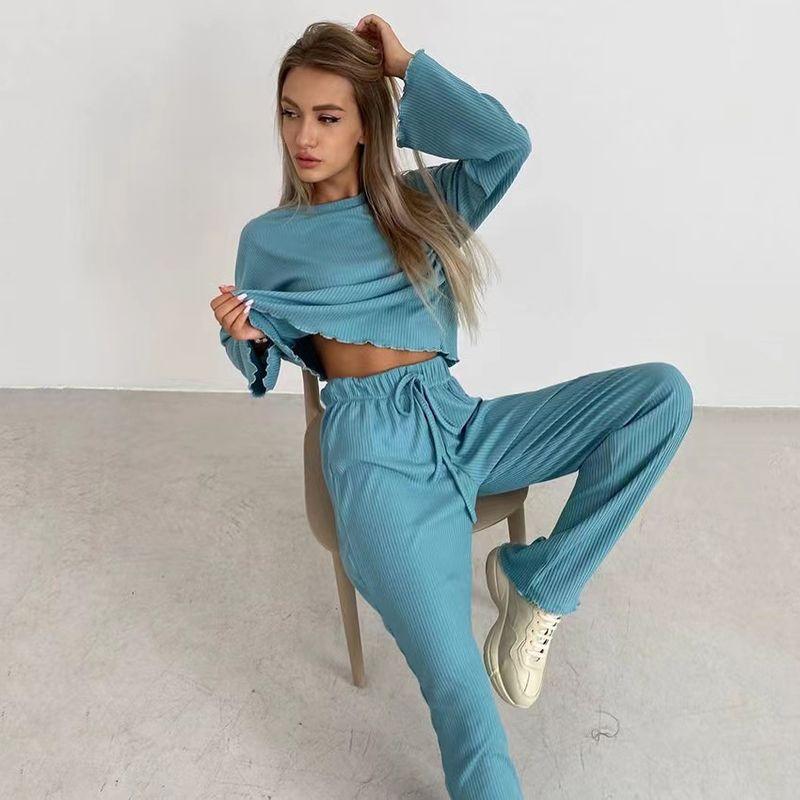 

Fashion Style Knitting Sunken Stripe Top and Trousers Suit Homewear Pit Stripe Top and Pants Set Blue S