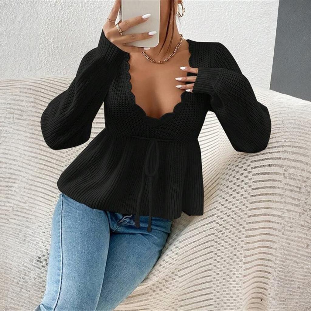 Women's Casual Fashion Loose V-neck Drawstring Ruffled Skirt Knitted Pullover Top