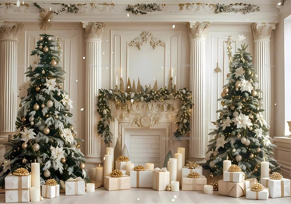 Winter Window Christmas Backdrop Fireplace Xmas Tree Gifts Teddy Bear Navidad Party Decor Kids Portrait Photography Background