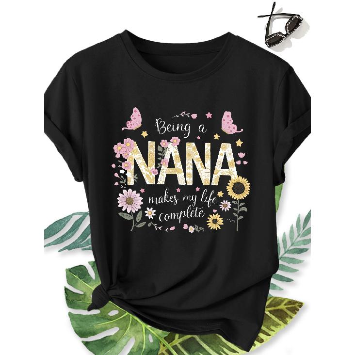 Elegant plus-size short-sleeve shirt for women Flower NANA Grandma print pattern round-neck women's comfortable, soft, breathable new spring-summer