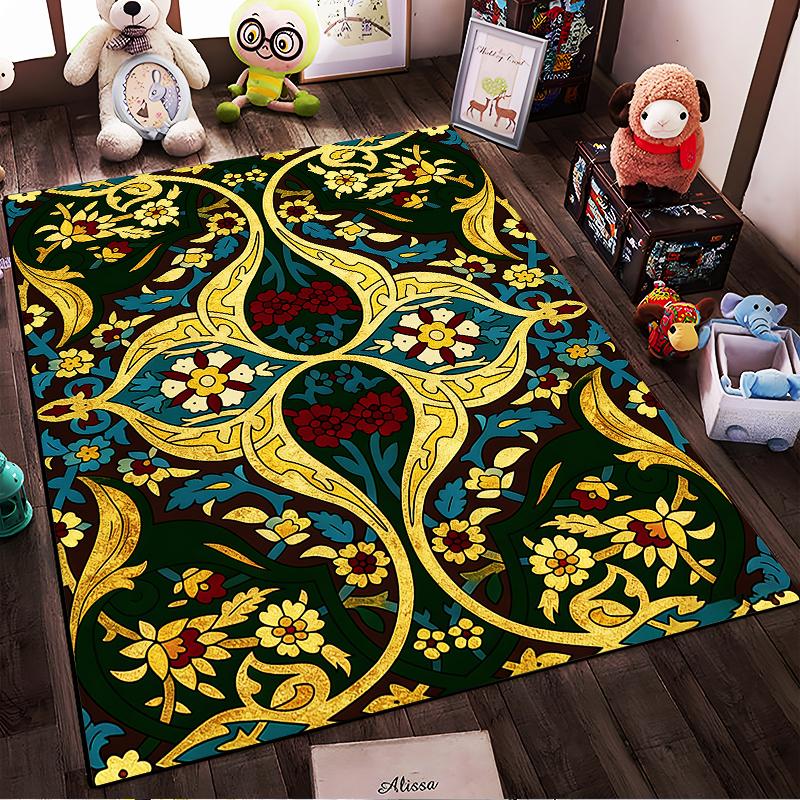 Floral Carpet with Golden Art Nouveau Design, Dark Green Background Suitable for use as an anti-slip for living room bedroom sofas