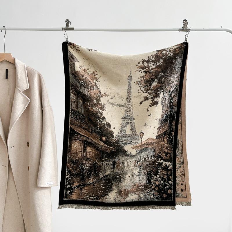 Autumn and winter new double-sided color oil painting series imitation cashmere thickened warm scarf women's air conditioner shawl