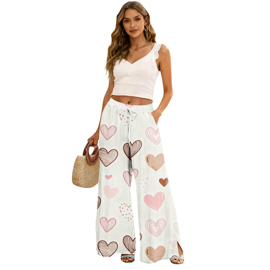 Damen Sommer Boho Palazzo Hose Hohe Taille Weites Bein Druck Freizeithose Mit Taschen