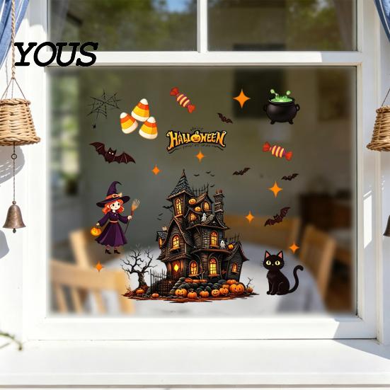 Static Cling Halloween Set Glass Sticker, Window Clings, Reusable Electrostatic Decals, Haunted Decoration House Stickers for Doors Windows,
