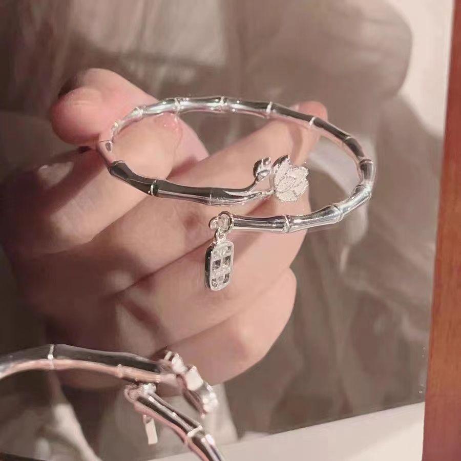 Peace Bamboo Knot Lotus Bracelet Open Bangle Solid Bamboo Knot Lotus Peace Gift for Girlfriend Couple Style