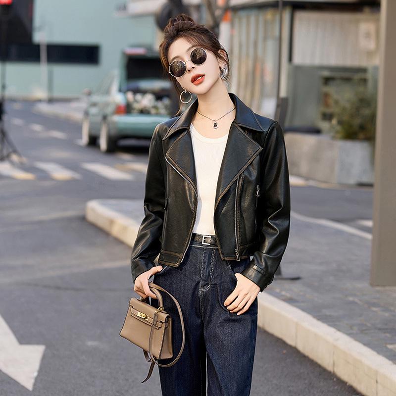 2025 Spring/Autumn Temperament Women's Slim Leather Jacket with Turn-Down Collar
