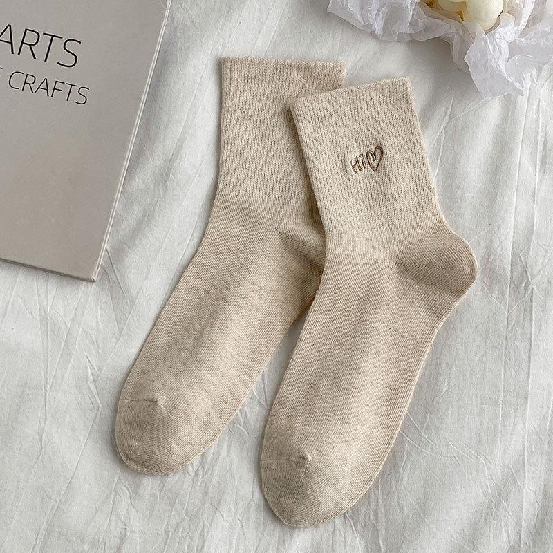Women's Mid-calf Socks for Spring and Autumn, Heart-shaped Embroidered Cotton Socks, Trendy Women's Socks for Autumn and Winter, Anti-slip Long Socks