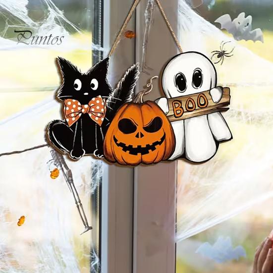 Halloween Window Display Wooden Door Sign, Pumpkin Ghost Boo Black Cat Welcome Hanging Wood Decor Sign for Trick or Treat Party Indoor Outdoor