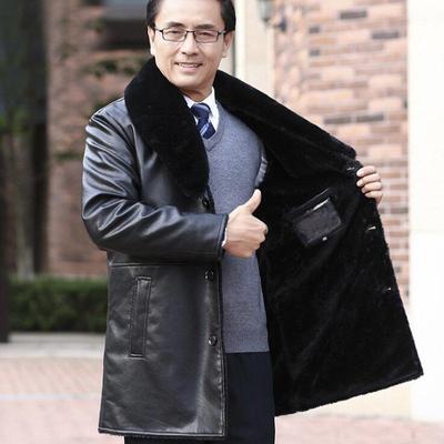 Medium and Long Leather Jacket Men's Fleece Thickened Large Fur Collar Removable Winter New