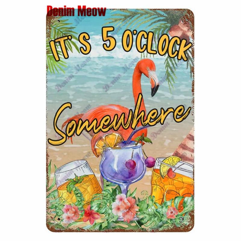 Metal Tin Sign Wall Decor, Vintage Parrot Cocktail Bar Plates, Kitchen Painting Decor, It's 5 O'clock, WY23