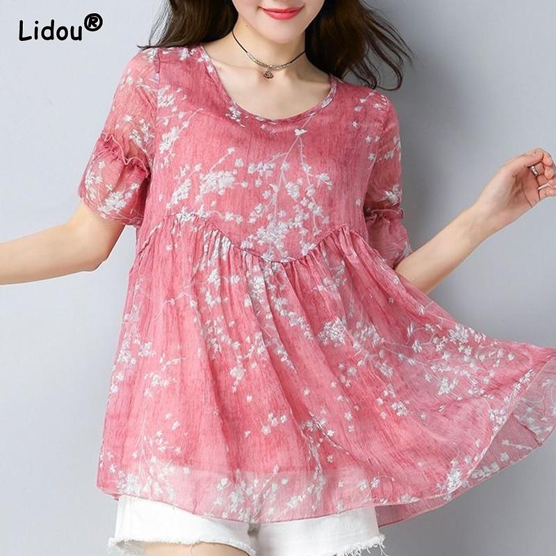 

Элегантные футболки с круглым вырезом и принтом, элегантные пуловеры из марли, пэчворк, модная одежда с коротким рукавом, повседневная, тонкая, летняя, женская одежда L розовый