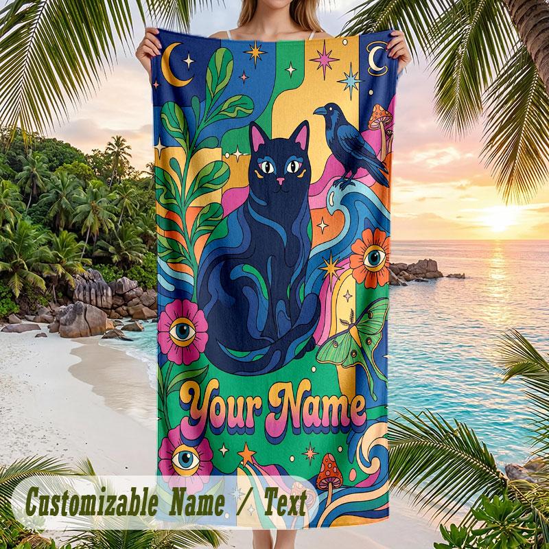 Magic Cats Nature Theme Quick Dry Beach Towel Custom Name Text Print Large Sand Resistant Towel Beach Vacation