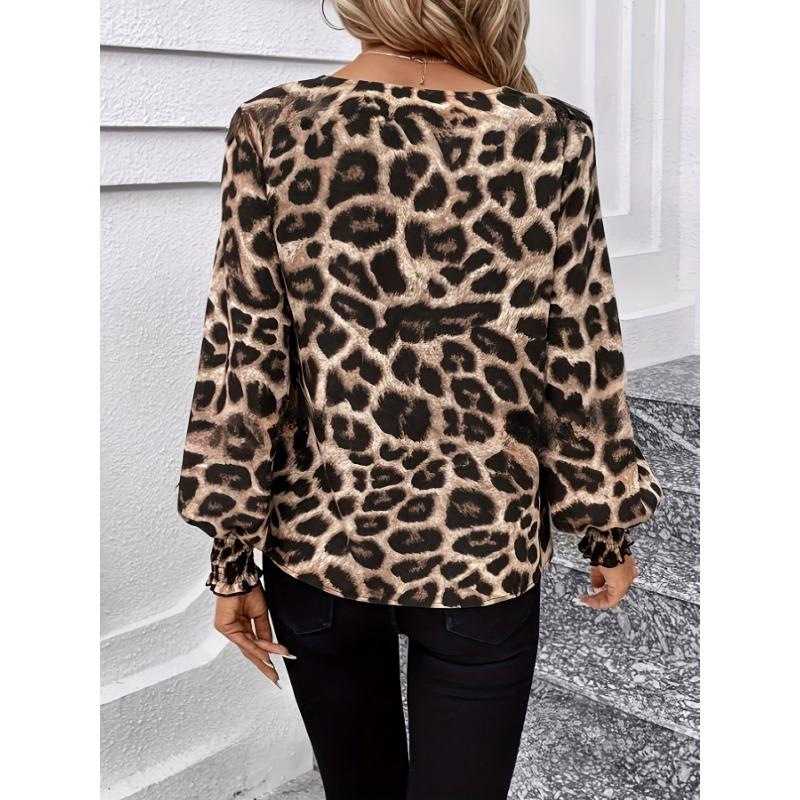 Blusa de gasa holgada informal de manga larga con estampado de leopardo y cuello en V para mujer