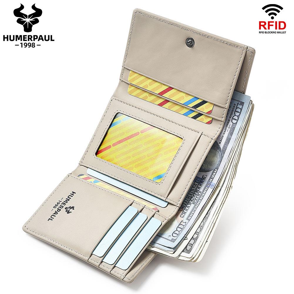 Humerpaul Ladies First Layer Cowhide Three-folding Wallet RFID Anti-theft Brush Portable Wallet Multi-card Slot Large-capacity Multi-compartment