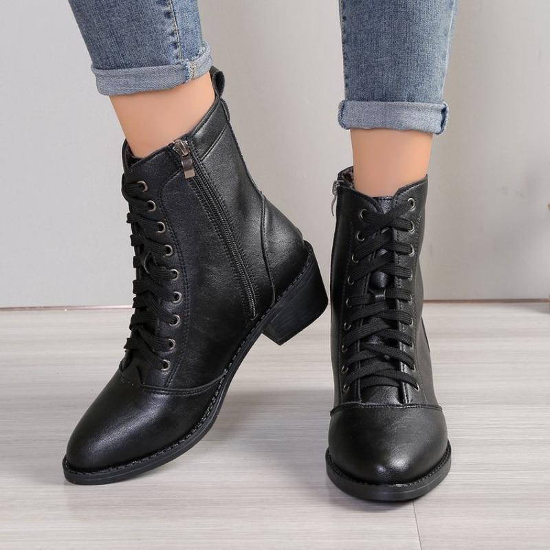 Women's British Style Casual Martin Boots, High-Top Zipper Ankle Leather Shoes, Fashion Fall Winter Boots