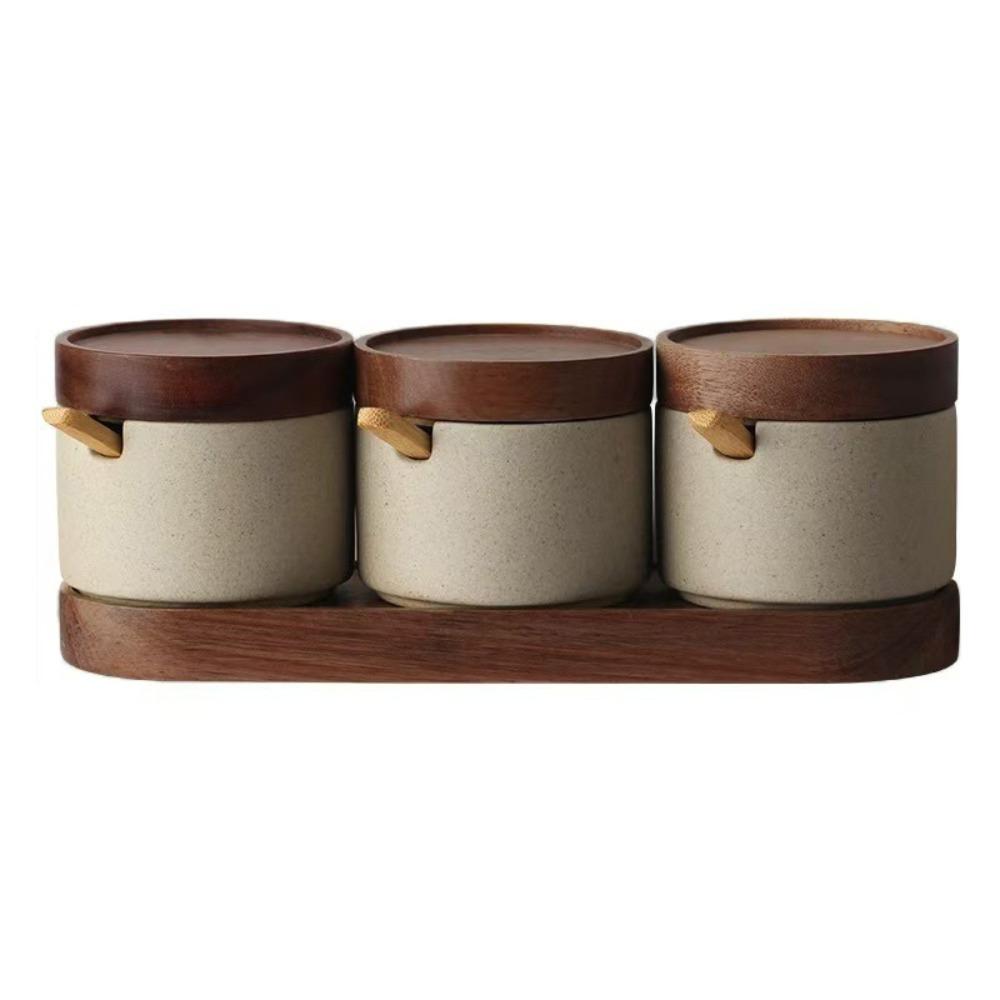 Pot à assaisonnement en céramique style japonais avec couvercle, plateau à cuillère, boîte à assaisonnement, récipient à épices pour restaurant