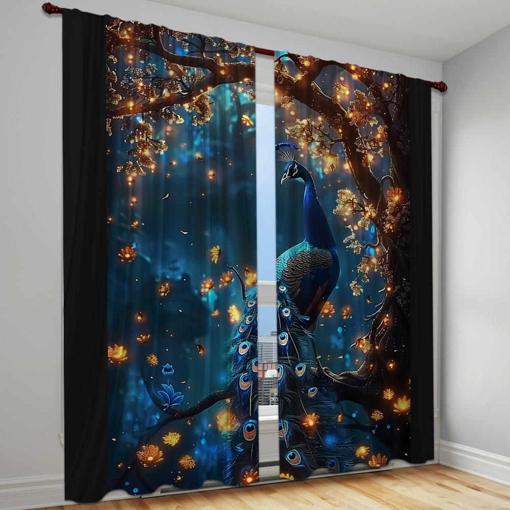 

2 шт. занавески с павлином, современные шторы из полиэстера с карманами, цифровая печать для спальни, гостиной, тема перьев и пейзажей 240W270H(CM)95x107in&Grommet Top