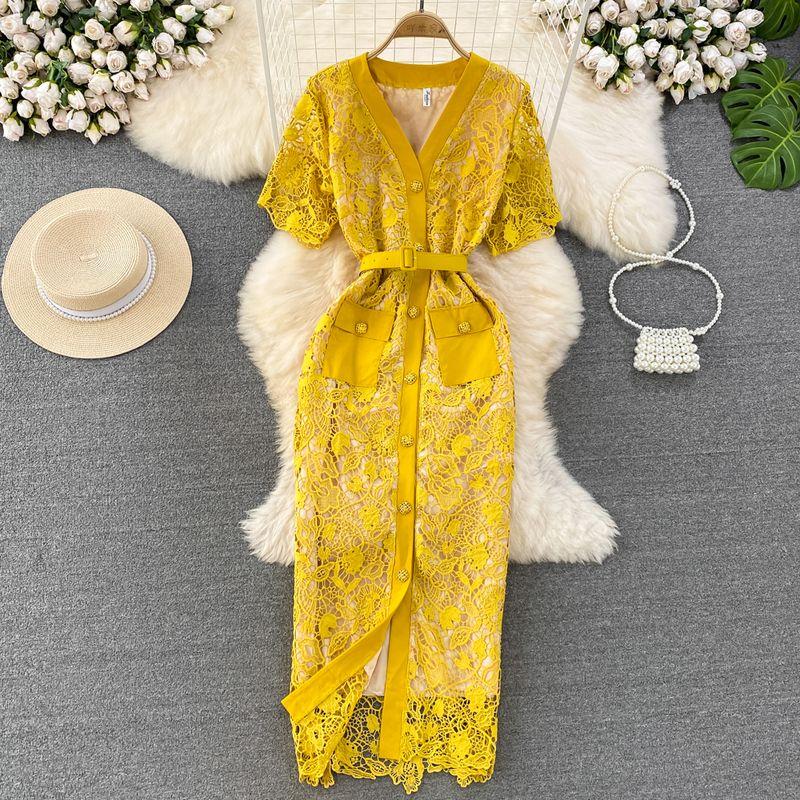 

Summer Professional Single-Breasted Lace Dress Short Sleeve Yellow One size