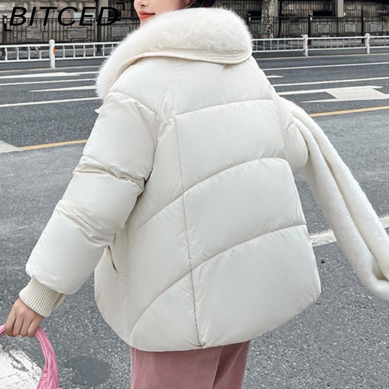 BITCED Women's Short Down-Filled Cotton Jacket with Oversized Fur Collar - Winter Fashion Coat