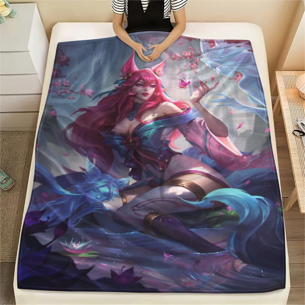 1Pc KDA Ahri Print Flannel Blanket, High Quality Comfortable for All Seasons, Home Decor, Warmth and Comfort, Perfect for Gifts