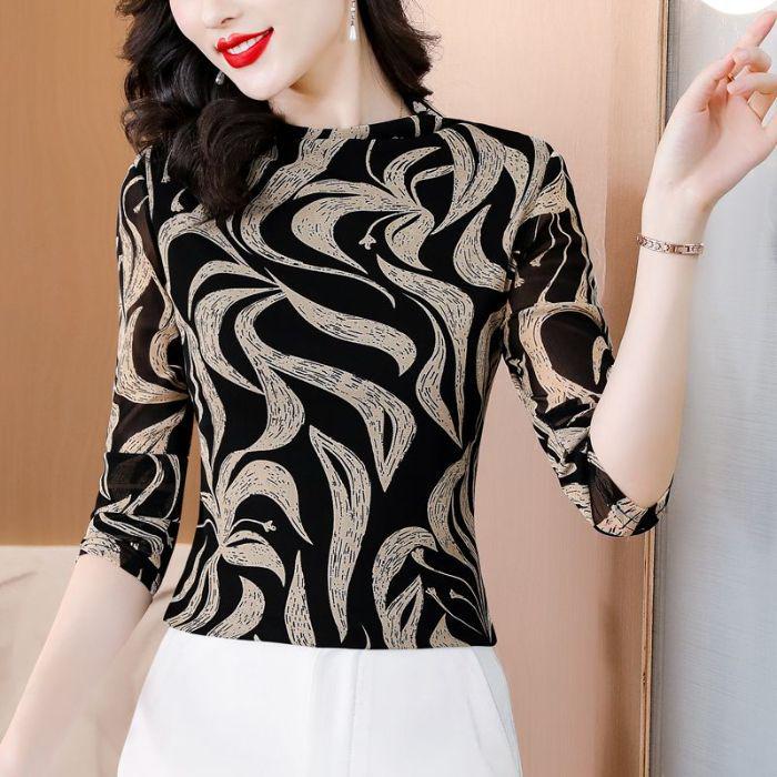 

2024 Осень/Зима Женский Сетчатый Утягивающий Топ с Принтом, Водолазка, Длинный Рукав 2XL (recommended 120-130 jin)