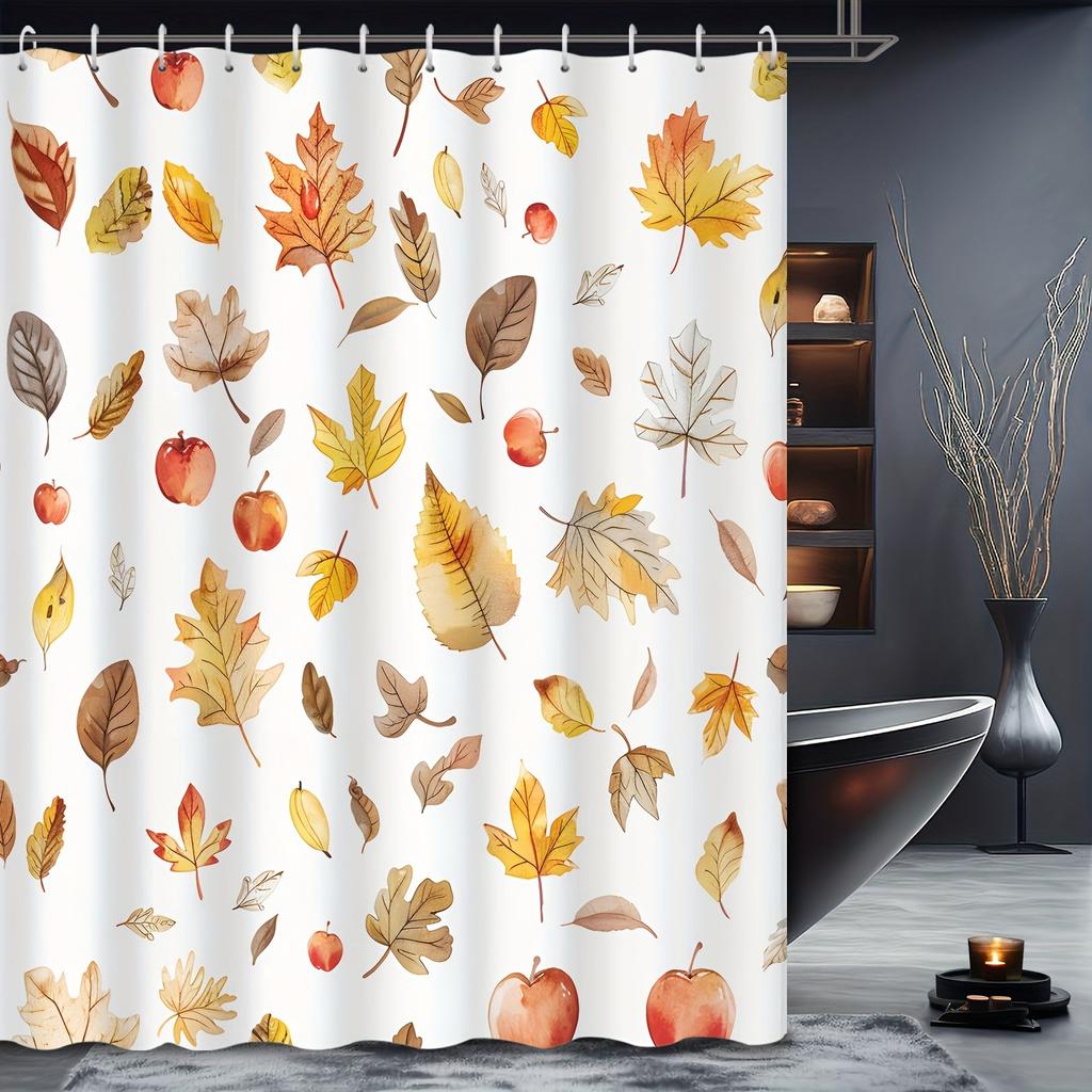 Autumn Maple Leaves Shower Curtain - Cartoon Plant Illustration, 12 Hooks, Decorative Printed, Includes Bath Accessories
