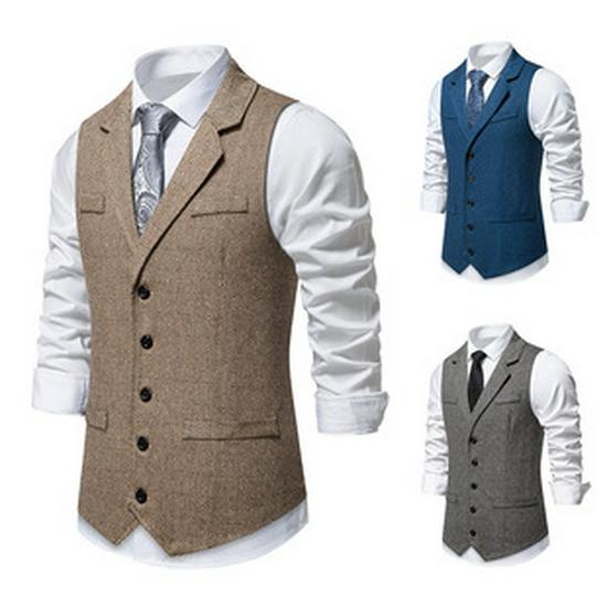 European & American Men's Retro Herringbone Wool Vest - British Style Single-Breasted Casual Waistcoat